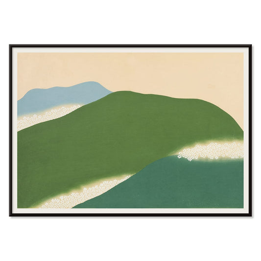 Landscape painting and poster of abstract green and blue hills Yoshino by Kamisaka Sekka, with black aluminium frame on white background